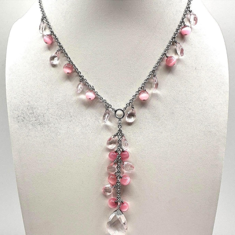 Vintage 90 Silver-Tone Pink & Clear Bead Y-Drop Dangle Necklace Jewelry